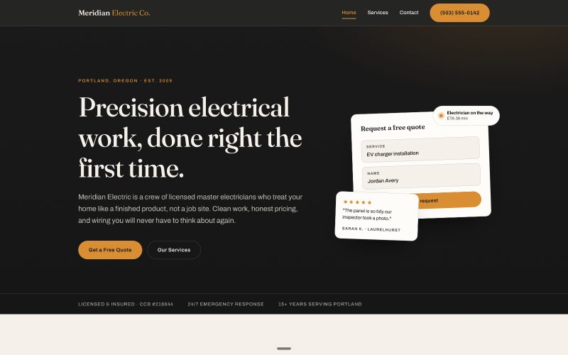 Meridian Electric Co., Portland master electrician website by Grid Studio