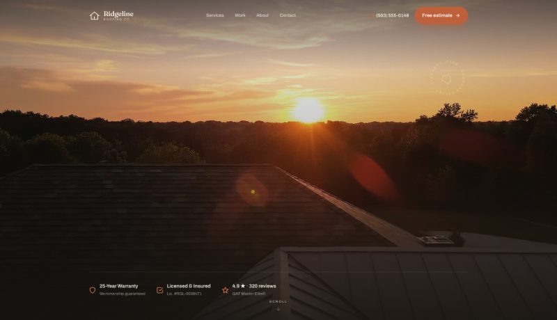 Ridgeline Roofing Co. website built by Grid Studio, roofing company landing page
